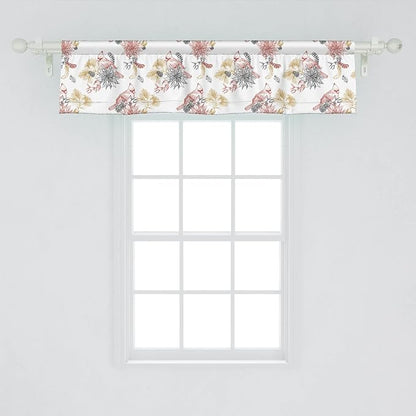 Lunarable Cardinal Bird Window Valance Pack of 2, Creative Vintage Pattern with Leaves Plants Pine Cones, Rod Pocket Curtain Valances for Kitchen Bedroom, 54" X 12", Vermilion Black