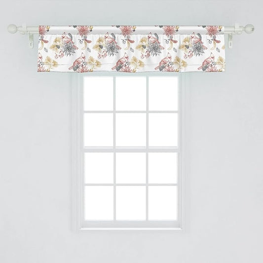 Lunarable Cardinal Bird Window Valance Pack of 2, Creative Vintage Pattern with Leaves Plants Pine Cones, Rod Pocket Curtain Valances for Kitchen Bedroom, 54" X 12", Vermilion Black