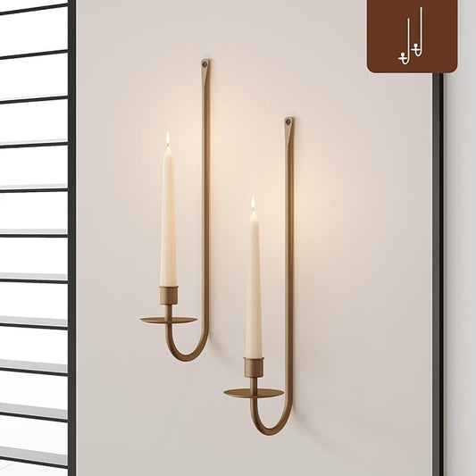 Metal Wall Candle Sconce Holder Set of 2 Wall Mount Candle Holder Pillar Holder Brass Modern Wall Candle Sconces Hanging for Living Room Farmhouse Fireplace Wedding