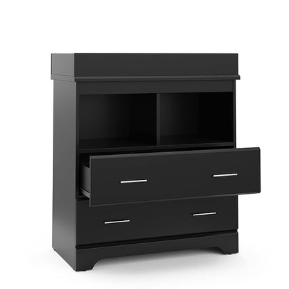 Storkcraft Brookside 2 Drawer Changing Table Dresser (Black) – GREENGUARD Gold Certified, Easy-to-Match Chest of Drawers and Cubbies for Nursery and Kids Bedroom, Includes Changing Table Topper