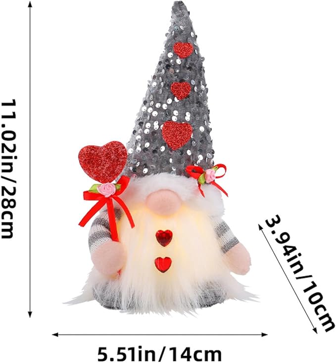 Light Up Gnome Valentine's Day Decorations Indoor Home Decor 11" Lighted Valentines Gnomes Decor Plush Scandinavian Tomte Elf Holiday Gnomes Ornaments Valentines Day Gifts for Her (3 Pcs)