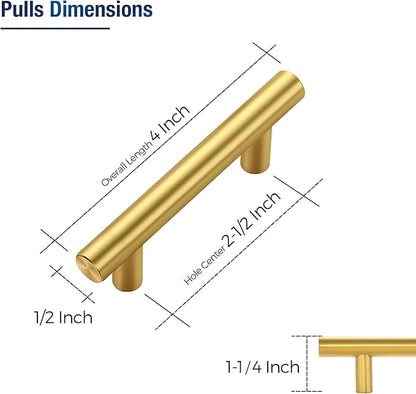 JOY DECOR 3 Pack Cabinet Handles, Gold Cabinet Pulls, 2-1/2 in Hole Center Kitchen Cabinet Handles, Stainless Steel T Bar Handles for Dresser Drawers