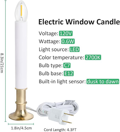 8-Pack Dusk to Dawn Electric Christmas Window Candle Lights with Shatterproof Plastic LED Bulbs, Plug-in Corded Window Candle Lamps, Auto On/Off Light Sensor, 8 Suction Cups Included, Warm White