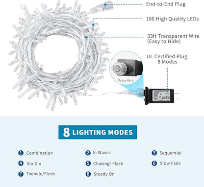 Christmas String Lights, 33FT 100 LEDs Blue Halloween String Lights 8 Modes Fairy Lights with End-to-End Plug Decoration for Christmas Tree Indoor Outdoor