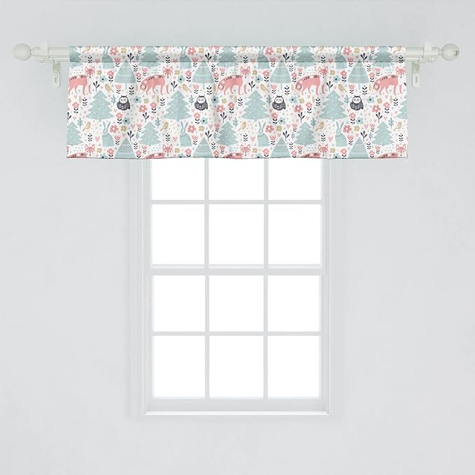 Lunarable Scandinavian Window Valance Pack of 2, Owls and Fox Print in Nordic Cartoon Style, Rod Pocket Curtain Valances for Kitchen Bedroom, 54" X 18", Coral Pale Blue White