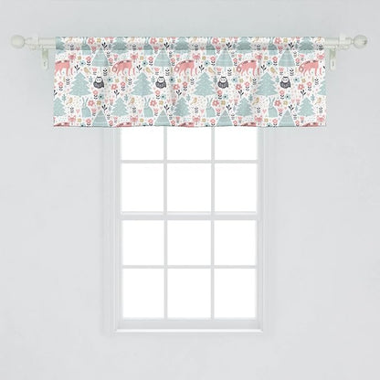 Lunarable Scandinavian Window Valance Pack of 2, Owls and Fox Print in Nordic Cartoon Style, Rod Pocket Curtain Valances for Kitchen Bedroom, 54" X 18", Coral Pale Blue White