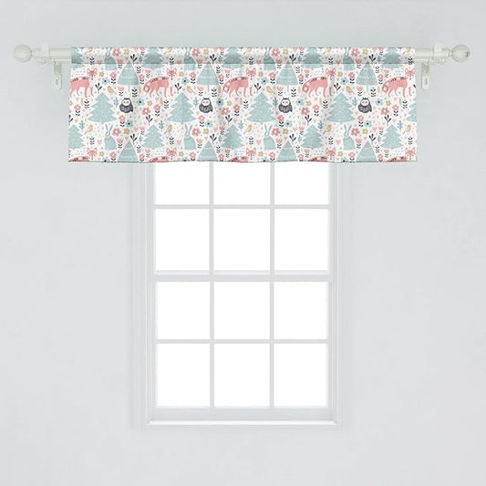 Lunarable Scandinavian Window Valance Pack of 2, Owls and Fox Print in Nordic Cartoon Style, Rod Pocket Curtain Valances for Kitchen Bedroom, 54" X 18", Coral Pale Blue White