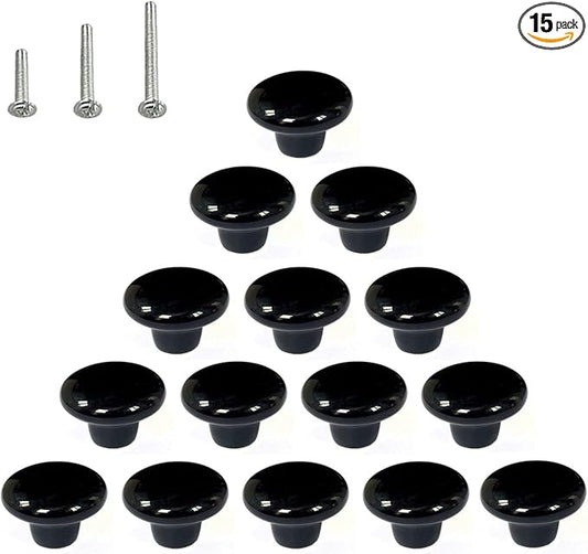 HUAMULAN 15PCS Black Glossy Ceramic Knobs Round Cabinet Dresser Pulls Door Handles Cupboard Wardrobe Drawer, Dia. 1.5 inch 38mm