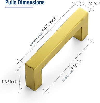 JOY DECOR 4 Pack Cabinet Handles, Gold Cabinet Pulls, 3 Inch Kitchen Closet Handles Square Drawer Pulls Stainless Steel Drawer Hardware, 76mm Hole Centers