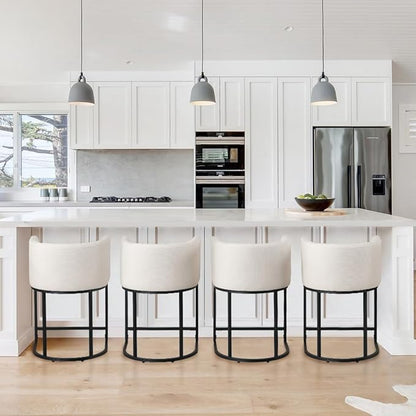 Modern Counter Height Linen Upholstered Bar Stools Set of 4, 24" Kitchen Counter Island Stools Bar Chairs with Black Metal Frame for Kitchen Island, Cream