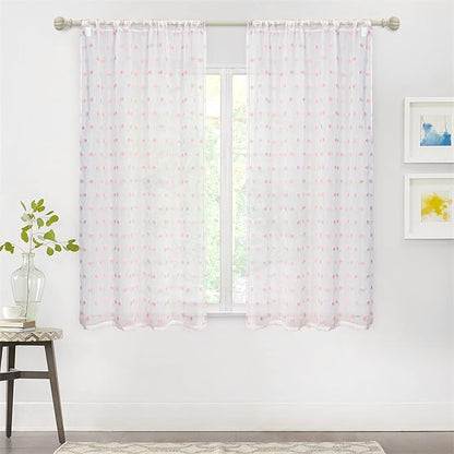 MYSKY HOME Pink Curtains for Bedroom 63 Inch Length Pom Pom Short White Sheer Curtains for Boys Room Kids Curtains Dining Room Rod Pocket Bohemian Farmhouse Window Drapes 52 x 63 in 2 Pieces