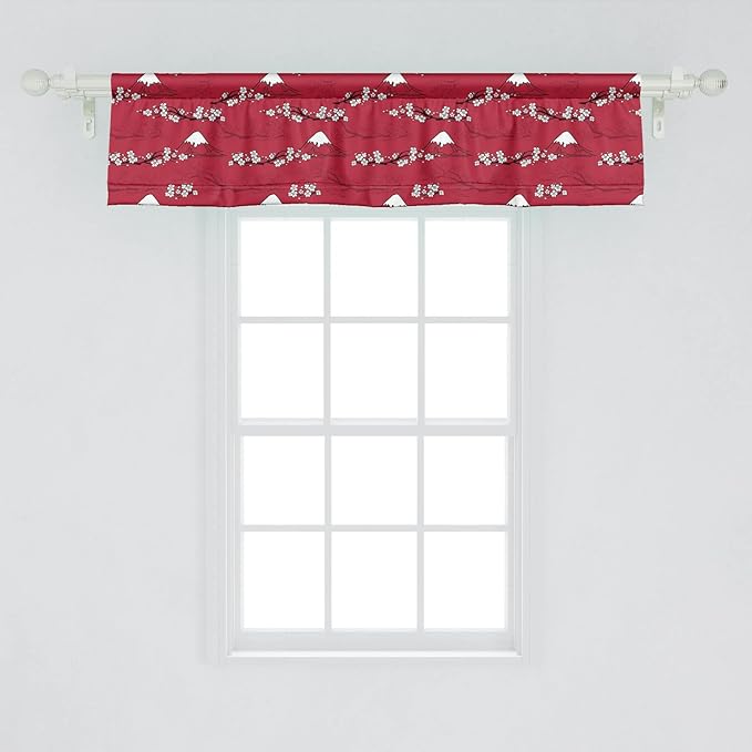 Lunarable Japanese Window Valance Pack of 2, Traditional Art Sakura Blossoms Abstract Hill Mountains Illustration, Rod Pocket Curtain Valances for Kitchen Bedroom, 54" X 12", Raspberry White