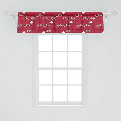 Lunarable Japanese Window Valance Pack of 2, Traditional Art Sakura Blossoms Abstract Hill Mountains Illustration, Rod Pocket Curtain Valances for Kitchen Bedroom, 54" X 12", Raspberry White