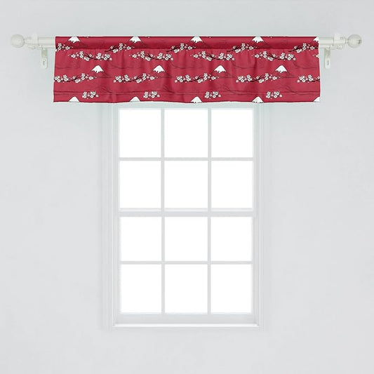 Lunarable Japanese Window Valance Pack of 2, Traditional Art Sakura Blossoms Abstract Hill Mountains Illustration, Rod Pocket Curtain Valances for Kitchen Bedroom, 54" X 12", Raspberry White
