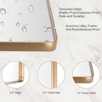 LOAAO 24”X36” Gold Bathroom Mirror, Rounded Rectangle Gold Frame Mirror, Brushed Gold Bathroom Vanity Mirror Wall-Mounted, Anti-Rust, Hangs Horizontally or Vertically