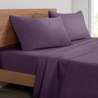 Mejoroom Striped Queen Size Sheet Set - Hotel Luxury 1800 Bedding Sheets & Pillowcases - Deep Pocket Fitted Sheet, Soft, Breathable, Wrinkle & Fade Resistant - 4 Piece (02-Purple)