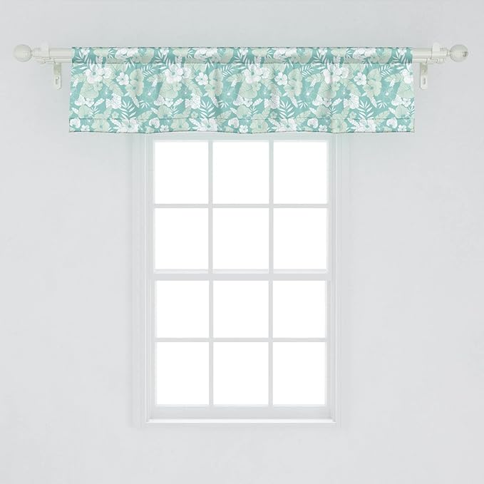 Lunarable Flower Window Valance Pack of 2, Hawaiian Floral Themed Tropical Hibiscus and Exotic Leaves, Rod Pocket Curtain Valances for Kitchen Bedroom, 54" X 12", Green Teal