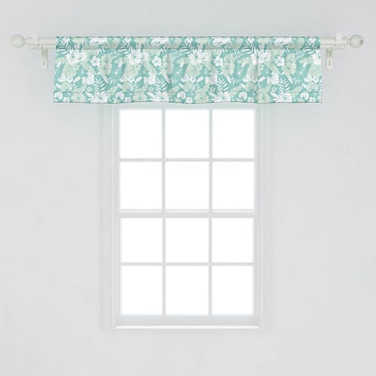Lunarable Flower Window Valance Pack of 2, Hawaiian Floral Themed Tropical Hibiscus and Exotic Leaves, Rod Pocket Curtain Valances for Kitchen Bedroom, 54" X 12", Green Teal