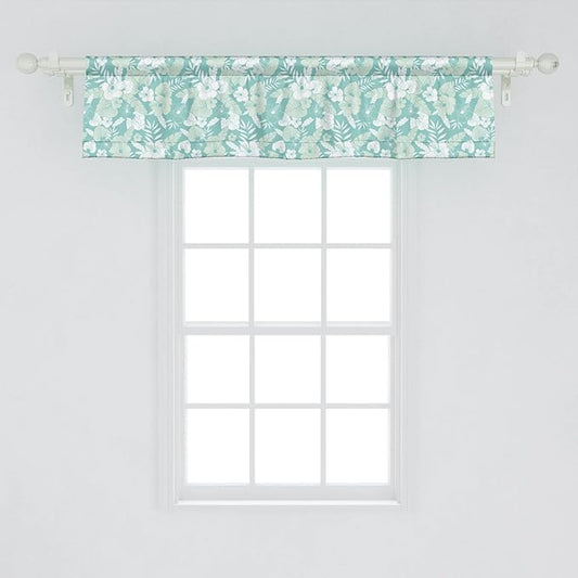 Lunarable Flower Window Valance Pack of 2, Hawaiian Floral Themed Tropical Hibiscus and Exotic Leaves, Rod Pocket Curtain Valances for Kitchen Bedroom, 54" X 12", Green Teal