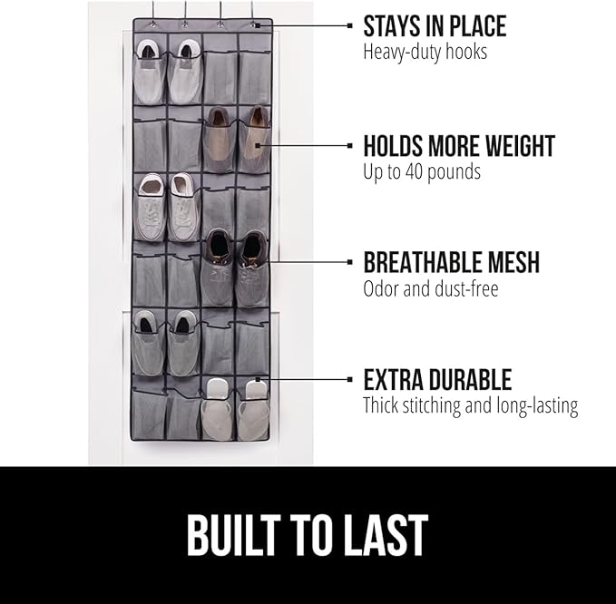 GORILLA GRIP Over the Door Shoe Organizer, 24 Extra Large Breathable Mesh Pockets, Space Saving Hanging Storage Holder, 4 Hook Closet Rack Hanger, Hangs on Closets for Shoes and Accessories, Gray