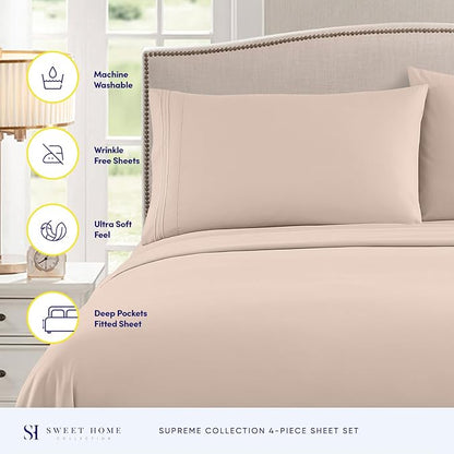 RV Queen Bed Sheets - Breathable Luxury Sheets with Full Elastic & Secure Corner Straps Built In - 1800 Supreme Collection Extra Soft Deep Pocket Bedding Set, Sheet Set, RV Short Queen, Beige