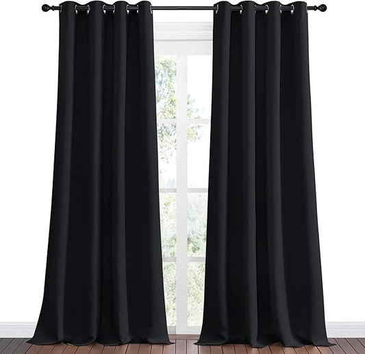 NICETOWN Patio Blackout Long Curtain Shades, 2 Panels, 55 inches x 120 inches, Black, Summer Home Decoration Thermal Insulated Grommet Blackout Draperies/Drapes for Kitchen