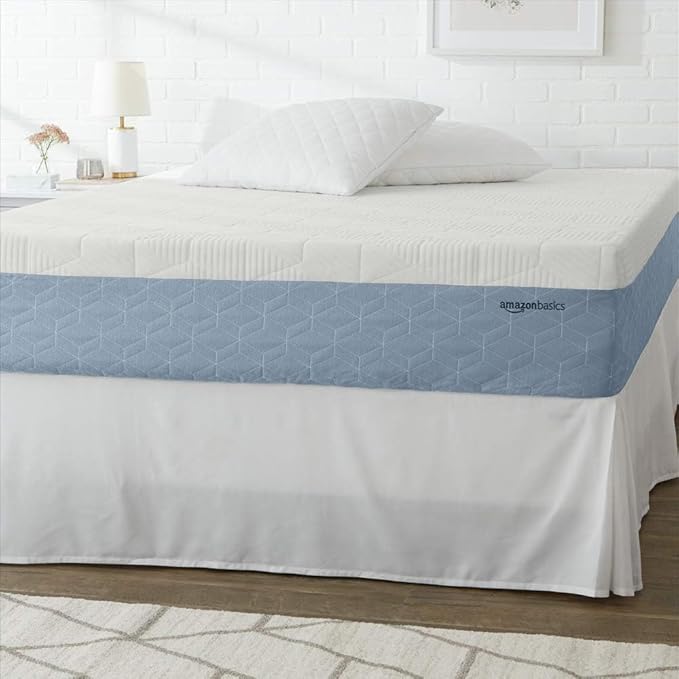 Amazon Basics Memory Foam Mattress, Medium Firm, Cooling Gel, Queen Size Mattress, CertiPUR-US® Certified Foam, 80 x 60 x 12 inches, White/Gray