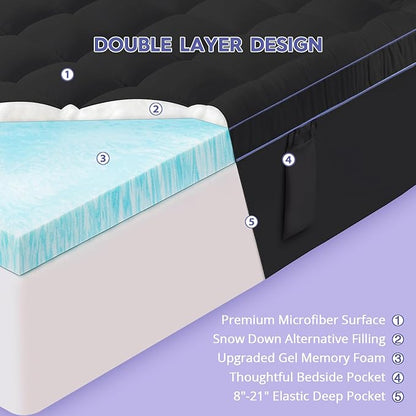 ABENE King Dual Layer 3 Inch Memory Foam Mattress Topper, 2 Inch Gel Memory Foam Plus 1 Inch Down Alternative Pillowtop Mattress Pad Cover, Soft Black Bed Topper Support for Pressure Relief
