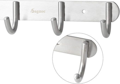 Towel Hook Rack Brushed Nickel - Sagmoc 11-Inch Coat Hook Rail Wall Mounted with 4 Hooks, Durable Wall Hangers for Bedroom, Bathroom, Foyer, Hallway (304 Stainless Steel)