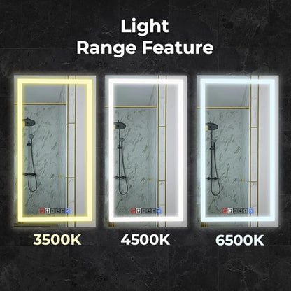 Fab Glass and Mirror Dimmable Lighted Bathroom Wall Vanity with Anti-Fog and Adjustable Colors Rectangular Frameless LED Mirror 40L X 18W Clear