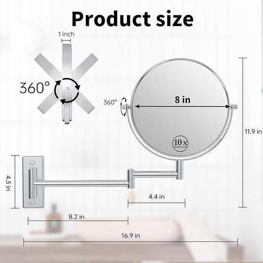 Wall Mounted Makeup Mirror, 10x/1x Double-Sided Magnifying Mirror, 360° Extendable Arm Bathroom Mirror, 8 inch Vanity Mirror for Makeup or Shaving Chrome Finish
