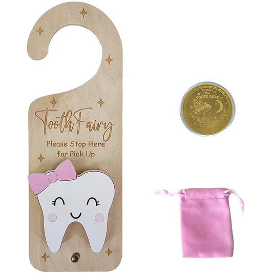 Tooth Fairy Door Hanger, Wooden Tooth Fairy Money Holder with Tooth Coins for Lost Tooth Kids Gifts (Pink)