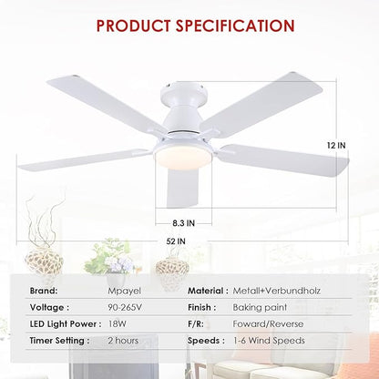 Ceiling Fans with Lights- 52" RGB Low Profile Indoor Ceiling Fan with Light and Remote/APP Control, Flush Mount, LED Dimmable DC Reversible Modern Ceiling Fan for Bedroom（White）