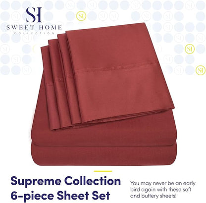 Sweet Home Collection 6 Piece 1500 Supreme Collection Brushed Microfiber Deep Pocket Sheet Set-2 Extra Pillow Cases, Great Value, Rv Short Queen, Burgundy