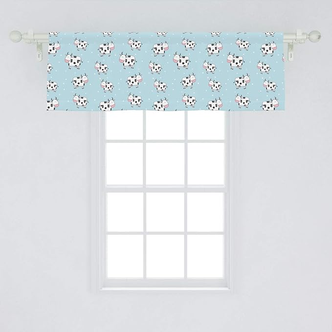 Lunarable Cows Window Valance, Repetitive Animal in Cartoon Style Farm Creatures, Curtain Valance for Kitchen Bedroom Decor with Rod Pocket, 54" X 18", Blue Pink