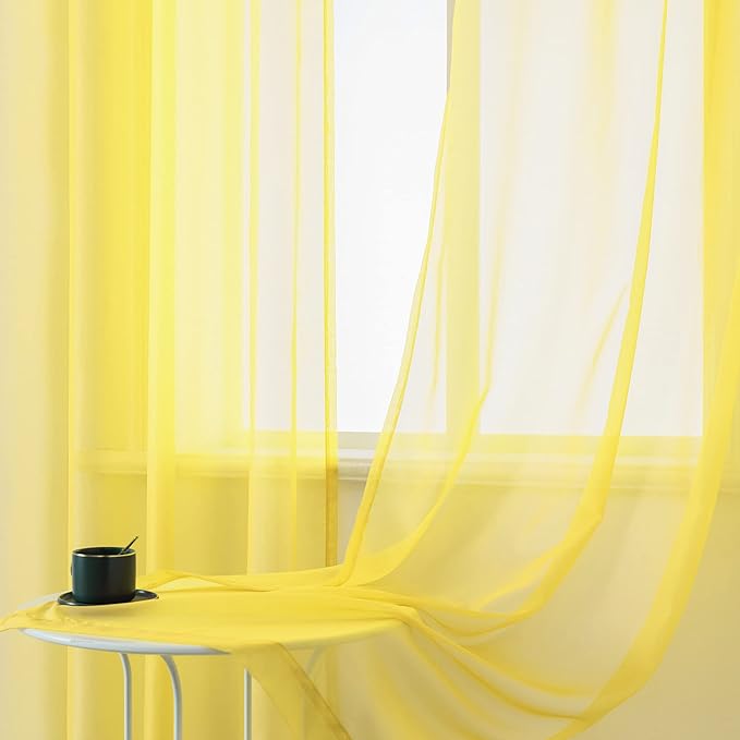 DUALIFE Bright Yellow Sheer Curtains 54 Inch Length for Kitchen 2 Panels Grommet Semi Sheer Short Curtains for Bathroom Small Windows Basement Vibrant Lemon Yellow Wide 52 by L54 Inches Long