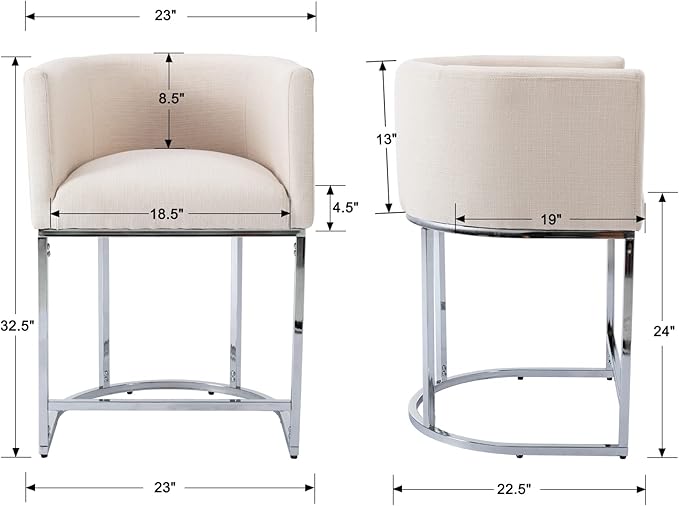 Modern Counter Height Linen Upholstered Bar Stools Set of 2, 24" Kitchen Counter Island Stools Bar Chairs with Chrome Finish Metal Frame for Kitchen Island, Cream