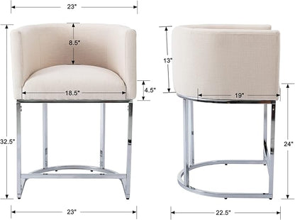 Modern Counter Height Linen Upholstered Bar Stools Set of 2, 24" Kitchen Counter Island Stools Bar Chairs with Chrome Finish Metal Frame for Kitchen Island, Cream