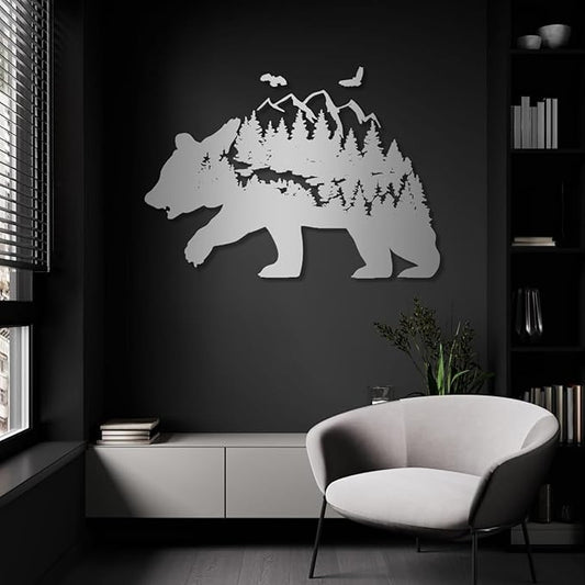 Metal Bear Wall Decor, Mountain And Forest Metal Wall Art, Nature Landscape Decor, Bear Wall Art, Metal Mountain Range, Scandinavian Decor, Large Metal Art Wall Decor, Housewarming Gift (26"x41"|67x105cm, Silver)