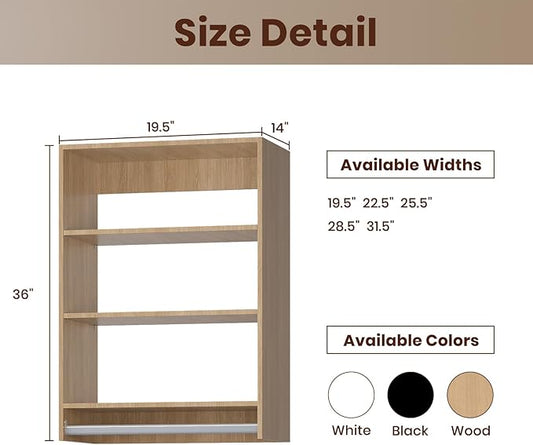 ROOMTEC 19.5" Medium Hanging Closet Unit, Modular Closet System with Hanging Rod, Wardrobe Organizer for Bedroom or Walk-in Closet, Wall Mounted, Customizable Clothes Storage Unit, Wood