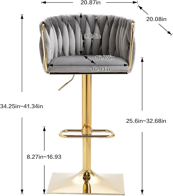 NIOIIKIT Bar Stool Set of 2, Velvet Upholstered Swivel Barstool, Counter Height Chair with Hand Woven Backrest, Dining Barstool with Footrest, Bar Chair for Kitchen Island, Pub (Grey)