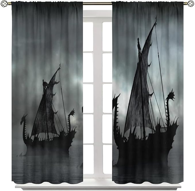 Viking Ship Blackout Curtains,Gloomy Misty Lake Landscape Fantasy Black White Color Sailing Dragon Boat Window Drapes for Boys Girls Bedroom Living Room,Norse Decor 42x63in