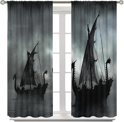 Viking Ship Blackout Curtains,Gloomy Misty Lake Landscape Fantasy Black White Color Sailing Dragon Boat Window Drapes for Boys Girls Bedroom Living Room,Norse Decor 42x63in