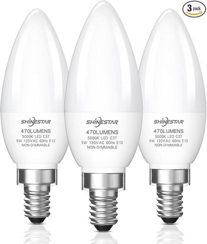 SHINESTAR E12 LED Candelabra Light Bulbs 40 Watt Equivalent, 5000K Daylight White 550 Lumen Chandelier Bulb, 6W B11 Candle Small Base Ceiling Fan Light Bulbs, Non-Dimmable, Pack of 3