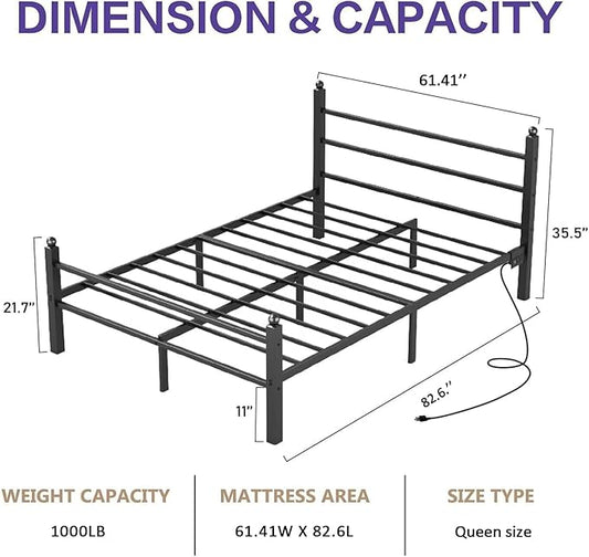 Queen Bed Frame with Headboard and Footboard, Metal Bed Frame with Charging Station and LED Lights, Under Bed Storage, No Box Spring Needed,Noise Free, Black