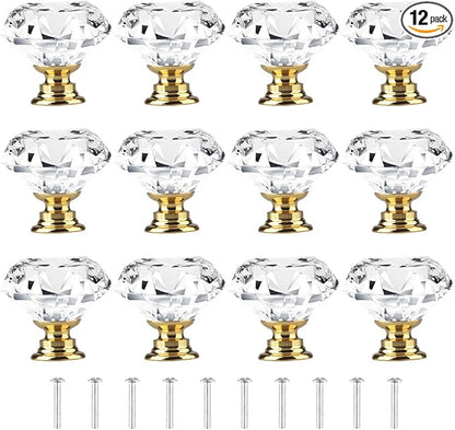 Tomorotec Elegant Crystal Diamond-Shaped Glass Drawer Pulls - Set of 12 with Golden Base and Screws, 1.2 inch/30mm - Ideal for Kitchen, Bathroom, Dresser and Wardrobe Cabinets