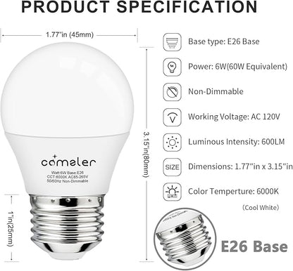 comzler LED Light Bulbs, E26 Base 6000K Cool Bright Daylight 60 Watt Equivalent Ceiling Fan Light Bulb, A15 Appliance Energy Saving Refrigerator Small Light Bulbs, 120V, 600LM, CRI 85+, 6 Pack