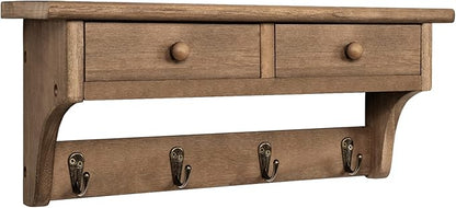 Emfogo Coat Hooks Mounted, Rustic Wood Coat Rack Mount Shelf with Hooks, Farmhouse Coat Rack with Shelf & Coat Hook for Entryway, Mudroom, Bedroom, Kitchen, Bathroom(Walnut)