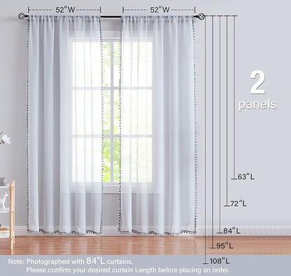 Treatmentex Grey Linen Textured Sheer Curtains Drapes for Bedroom Living Room Office Window Curtain Set 2 Pack Extral Long 108 inches Length Rod Pocket