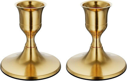 Brass Gold Taper Candle Holders Set of 2, Vintage Metal Candlestick Holders for Dinner Room Table Centerpiece or Mantel Wedding Party Decor